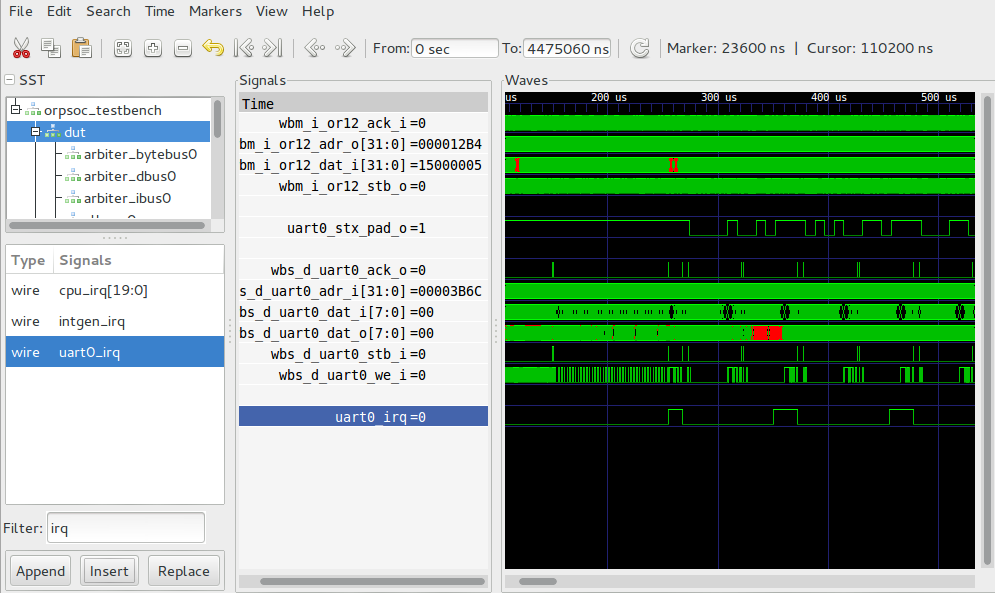 GTKWave showing SoC transmitting UART using interrupts